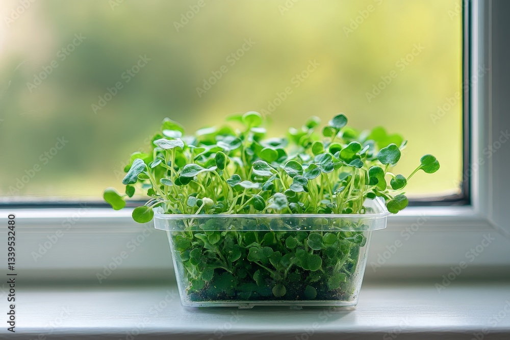 A sleek hydroponic container filled with vibrant green sprouts, placed on a windowsill with a blurred background A sleek hydroponic container filled with vibrant green sprouts, placed on a windowsill with a blurred background