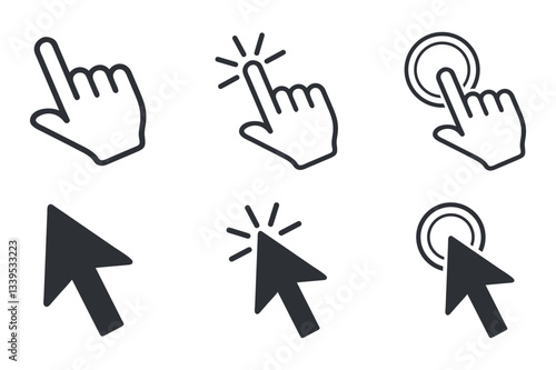 Set of Hand and Mouse Pointer Icons with Clicking Effects, Representing Interaction and User Input in Digital Interfaces