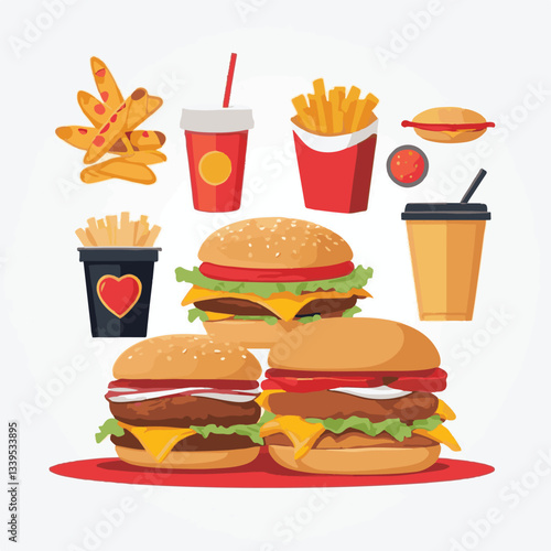 fastfood, fast, snack, food, meal, delicious, background, lunch, dinner, fat, american, burger, unhealthy, restaurant, meat, isolated, junk, menu, cheeseburger, tasty, set, hamburger, sandwich, cuisin