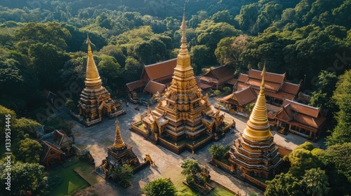 A view of a temple with three golden pagodas