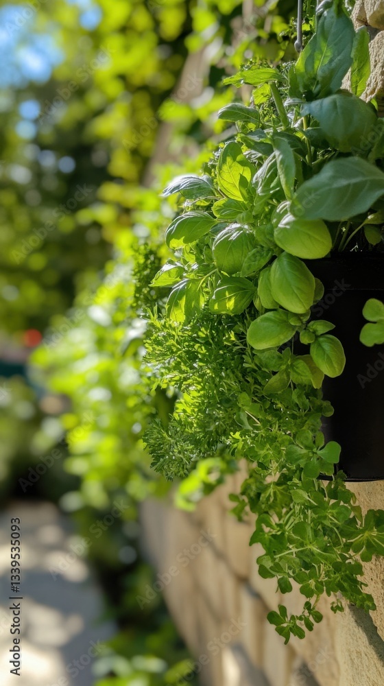 Lush basil and parsley herbs growing in a black pot on a sunlit stone wall showcasing fresh garden produce vibrant green foliage and natural light Lush basil and parsley herbs growing in a black pot on a sunlit stone wall showcasing fresh garden produce vibrant green foliage and natural light