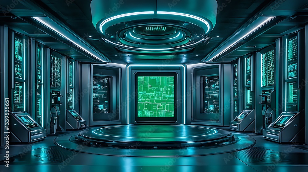 Futuristic server room with rotating platform and green digital displays. Futuristic server room with rotating platform and green digital displays.
