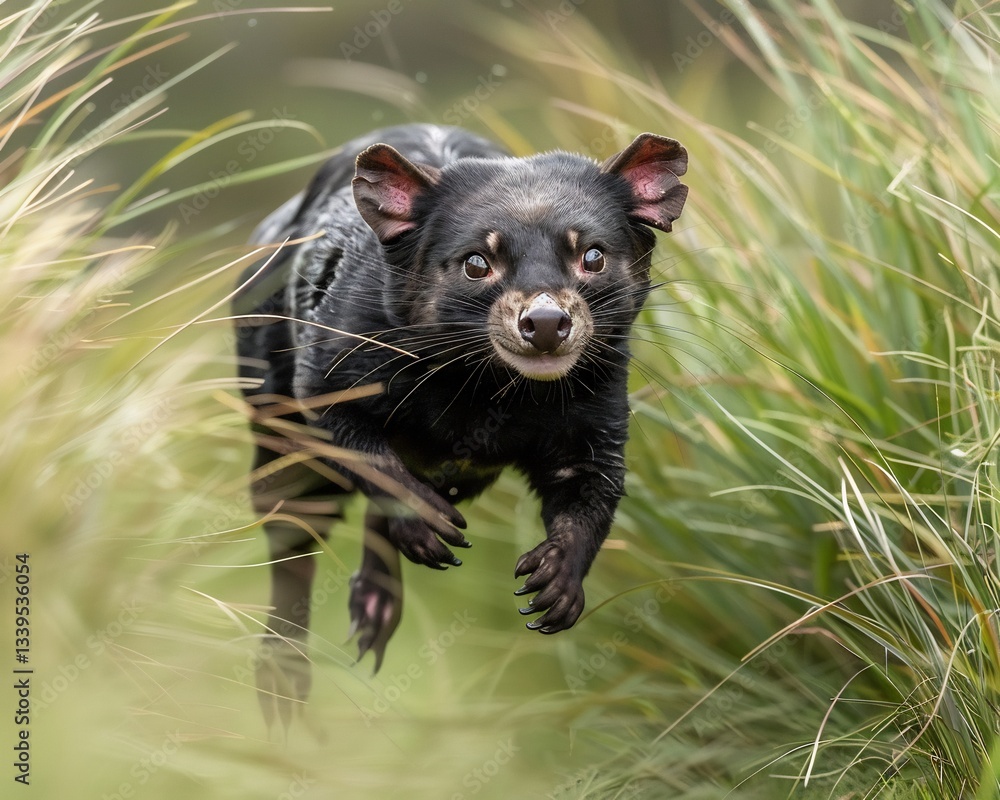 Tasmanian Devil sprinting through tall grass its muscles tensed and ready to pounce The dramatic low angle shot emphasizes speed and power Tasmanian Devil sprinting through tall grass its muscles tensed and ready to pounce The dramatic low angle shot emphasizes speed and power