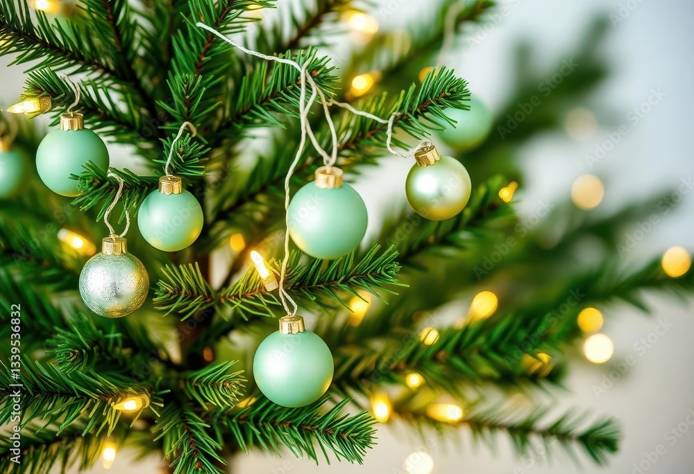Obraz premium Miniature evergreen Christmas tree adorned with green pastel ornaments and white fairy lights, delicate and whimsical, christmas lights, evergreen