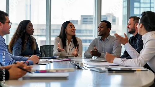 A diverse group of professionals is engaged in a constructive discussion during a productive business meeting, showcasing excellent collaboration and teamwork in a vibrant office environment