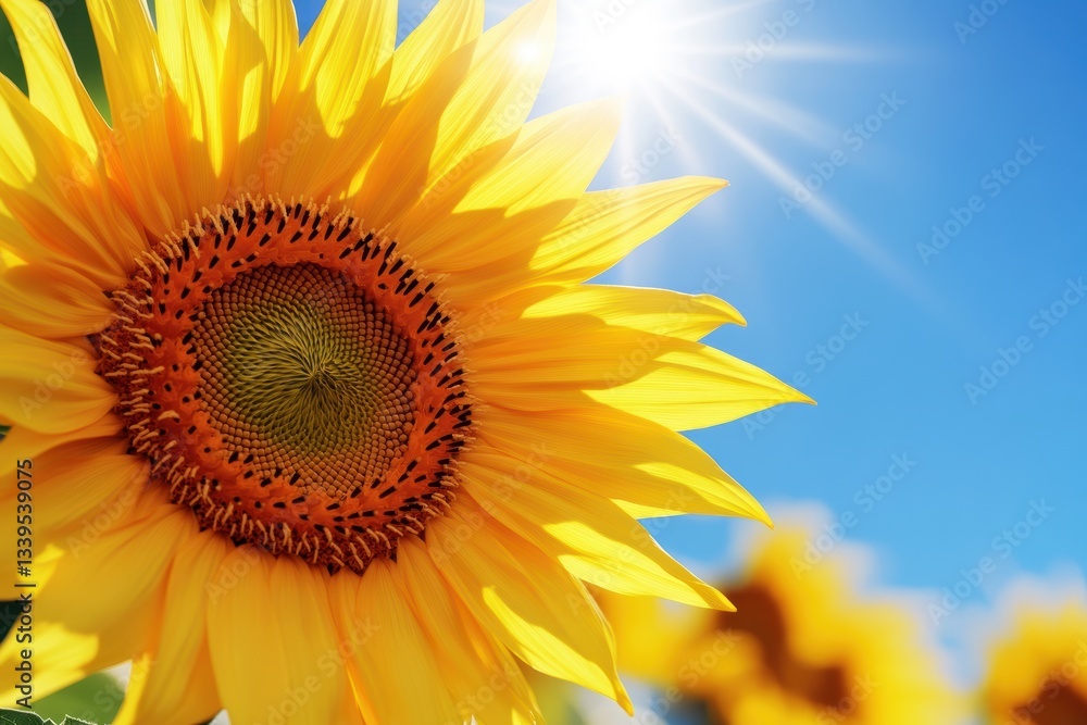 Obraz premium 夏の青空の下、元気に咲くひまわりの花と輝く太陽