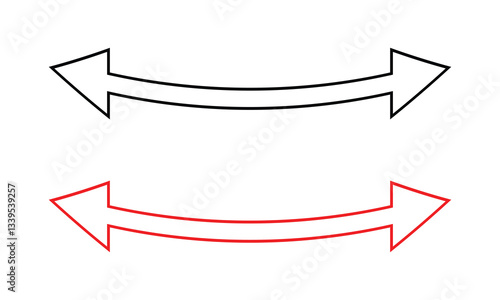 Set of double headed curve red and black arrows. Dual sided curved arrow icon. Double headed arrows. Double head outline arrows. Black and red arrow. Replaceable vector design. Dual semi circle arrow.