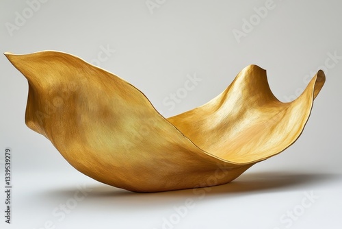 An abstract sculptural gold object displayed on a white background