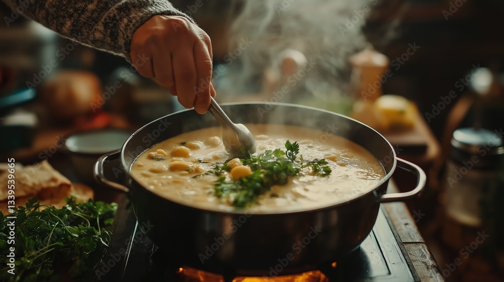 Hands stirring a pot of steaming soup with soft lighting in a cozy kitchen setting Hands stirring a pot of steaming soup with soft lighting in a cozy kitchen setting