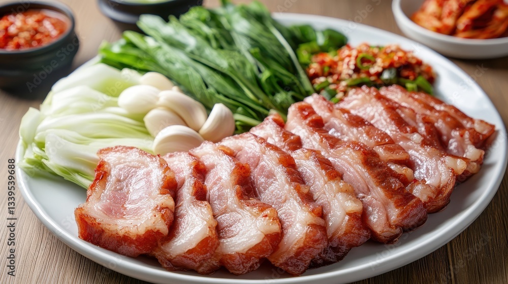 Korean Style Boiled Pork Bossam Served with Traditional Sides Korean Style Boiled Pork Bossam Served with Traditional Sides