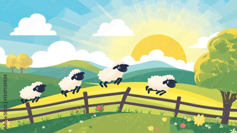 Four Sheep Jumping Over a Fence at Sunrise in a Rolling Green Pasture Four Sheep Jumping Over a Fence at Sunrise in a Rolling Green Pasture