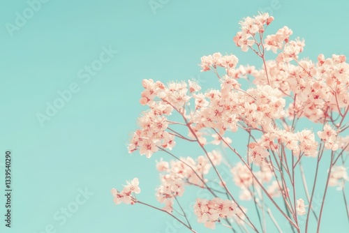 空色の背景に映える淡い色合いの花束が優雅に揺れている