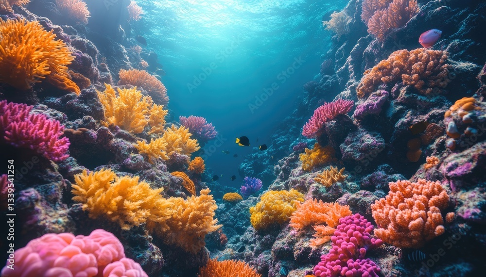 Fototapeta premium Vibrant coral reef teeming with colorful corals and fish, sunlit underwater scene. Ideal for marine life, ocean, and nature documentaries, travel brochures, or websites.