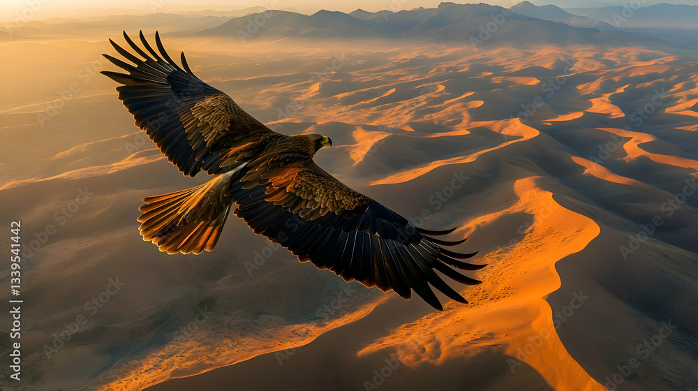 Obraz premium A golden eagle soaring high above a vast desert landscape, its shadow sweeping over the dunes below