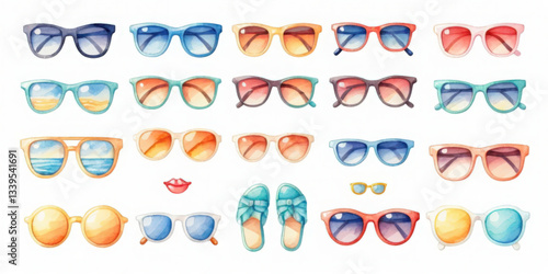 Summer icon watercolor sunglasses collection beach vibes artful display bright atmosphere