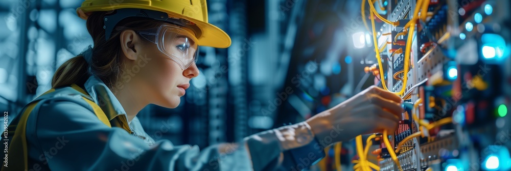 female electrician and engineer work on an electrical circuit with many cables for communication and data transfer