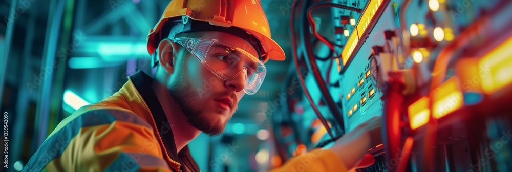 electrician and engineer work on an electrical circuit with many cables for communication and data transfer