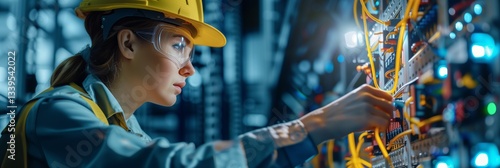 Obraz na płótnie female electrician and engineer work on an electrical circuit with many cables for communication and data transfer w salonie
