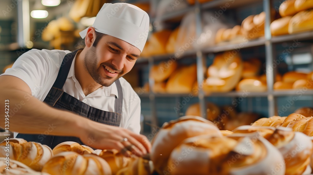 Baker prepares fresh bread in the bakery for sale in shop