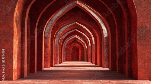 A magnificent arched walkway in a mosque in Saudi Arabia featuring brickred tones that highlight the intricate beauty of Islamic architecture