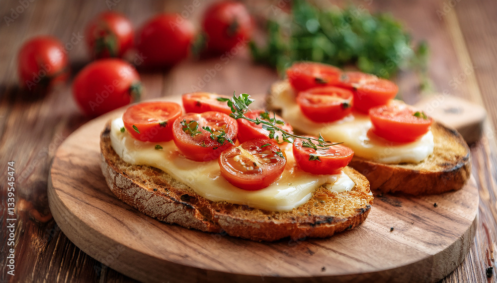 Hearty slices of bread with melted cheese and ripe juicy tomatoes on wooden board. Tasty snack Hearty slices of bread with melted cheese and ripe juicy tomatoes on wooden board. Tasty snack