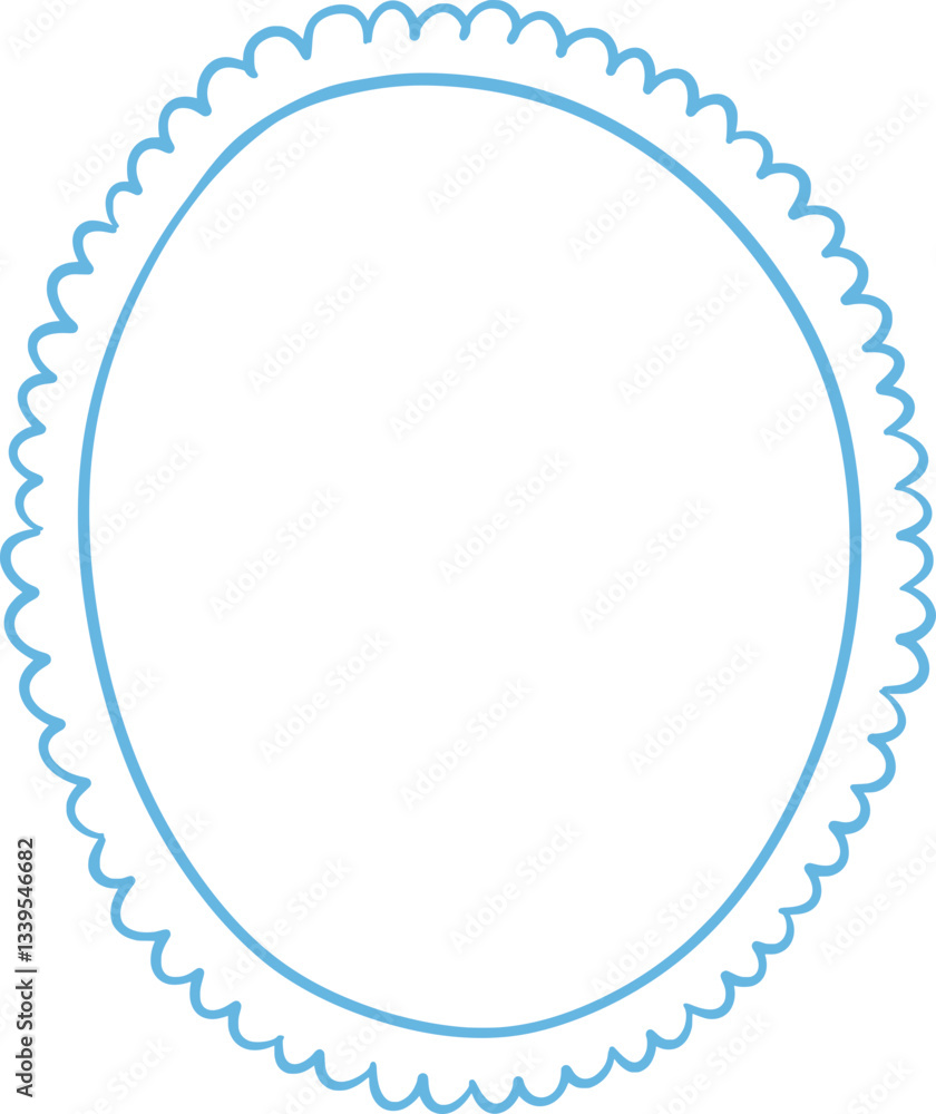 Oval decorative vector frame with scalloped edge. Romantic clipart element in hand-drawn style. Isolated decoration in blue color. Oval decorative vector frame with scalloped edge. Romantic clipart element in hand-drawn style. Isolated decoration in blue color.