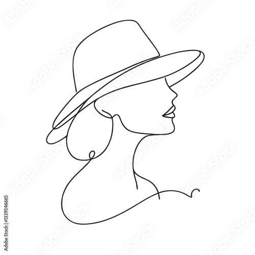 Stylized line drawing of a woman in a hat on a transparent background
