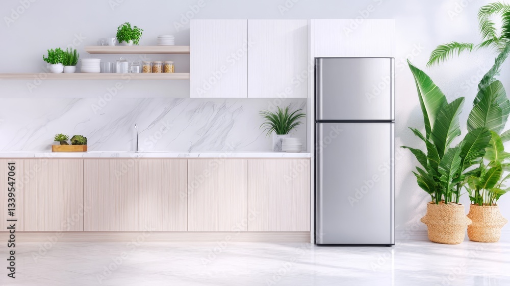 Fototapeta premium Modern kitchen interior featuring a sleek refrigerator, minimalist design, and lush greenery