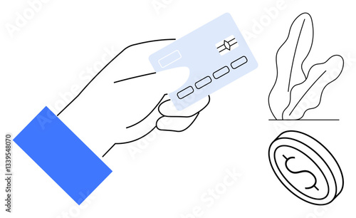 Hand holding credit card conveys digital payment with nearby dollar coin and plant symbolizing financial growth. Ideal for finance, investments, money management, digital banking, transactions