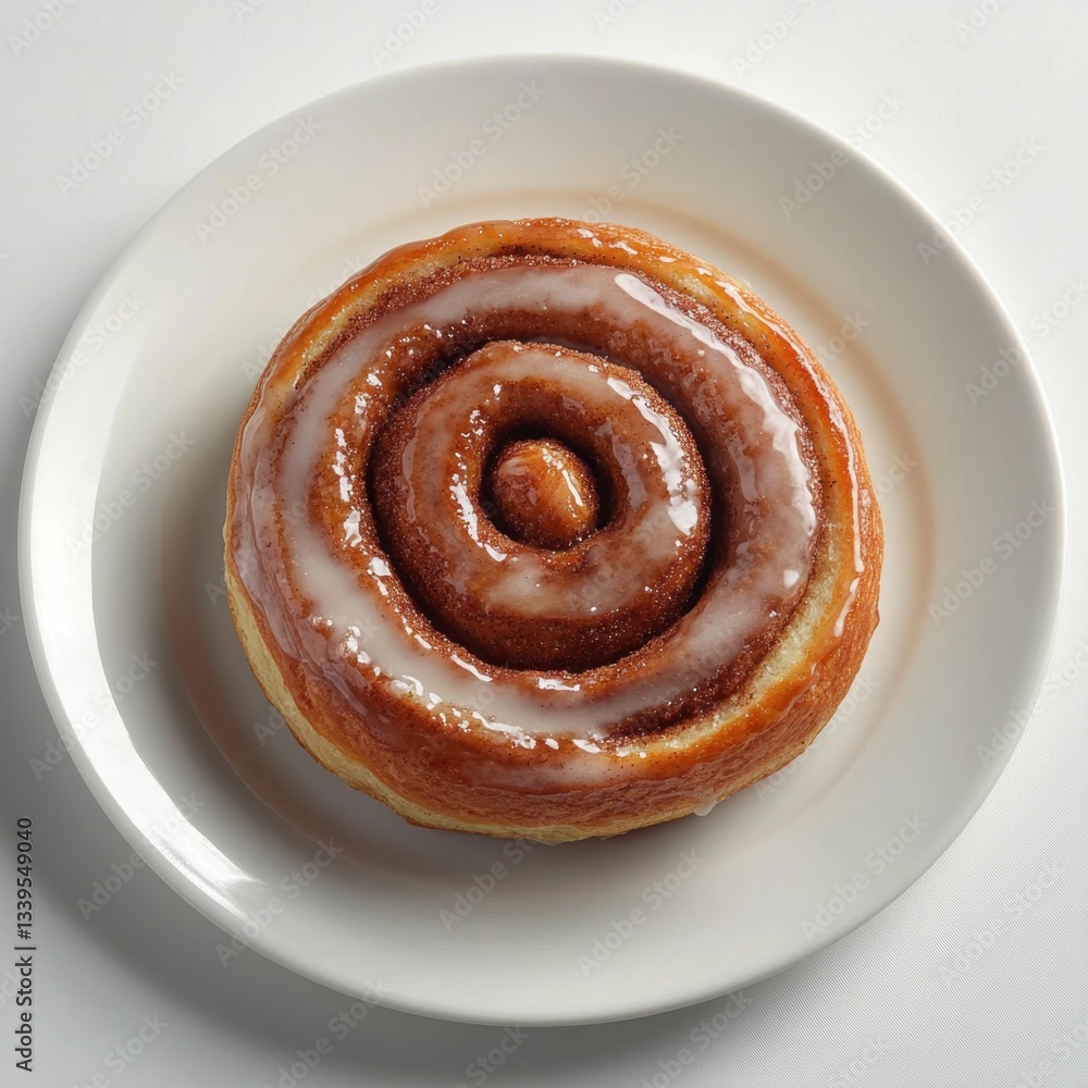 Fototapeta premium Delicious cinnamon roll on a white plate overhead view capturing the sweet glaze and spiral design perfect for breakfast or dessert with a clean background