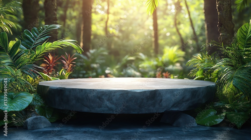 Podium pedestal in tropical forest garden with green plants for nature and organic presentation Podium pedestal in tropical forest garden with green plants for nature and organic presentation