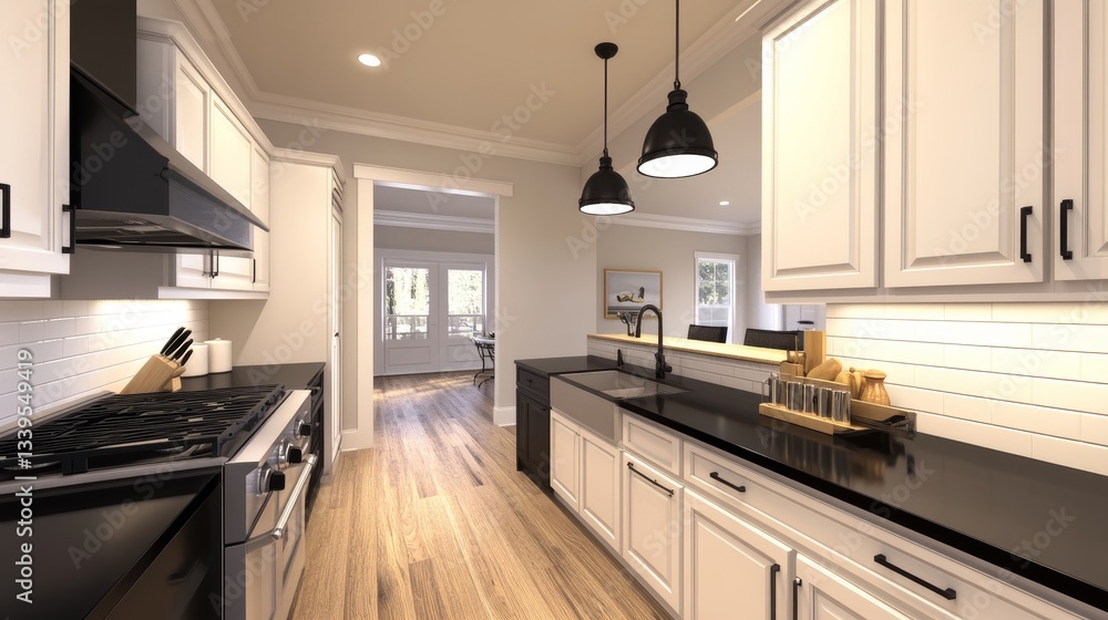 Fototapeta premium Modern kitchen interior showcasing sleek design, appliances, and open layout with dining area