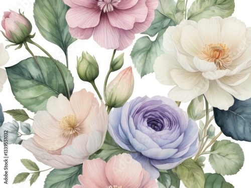 Wallpaper Mural A Serene Watercolor Bouquet Of Pastel Roses, Peonies, And Ranunculus Blossoms In Soft, Muted Tones Torontodigital.ca