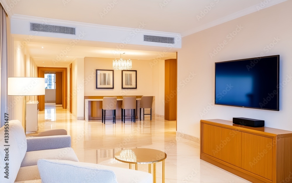 Fototapeta premium Modern hotel suite interior featuring a living area, dining space, and elegant decor