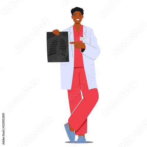 Man radiologist cartoon character holding patient ribs x-ray image standing isolated on white