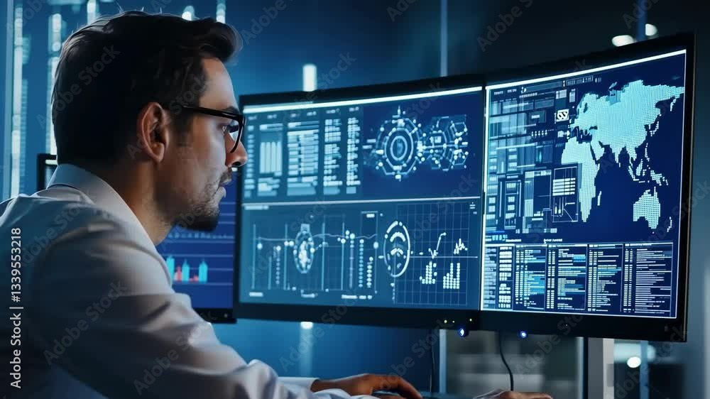 Data analyst working on multiple monitors with charts, graphs, and statistics in modern office. Data analyst working on multiple monitors with charts, graphs, and statistics in modern office.