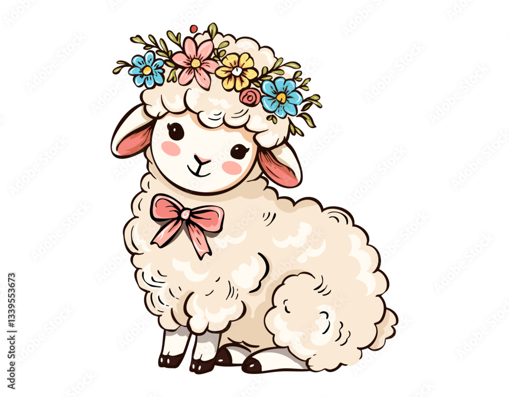 Fototapeta premium Cute Lamb with Floral Crown and Pink Bow Tie