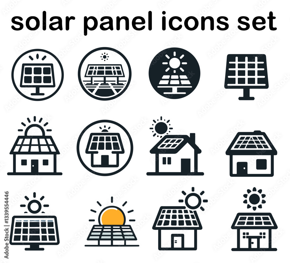 Naklejka premium Eco-friendly solar panels vector icons set for renewable energy concepts, transparent background