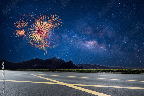 fireworks in mountain night road landscape outdoor cityscape celebration hoilday happy new year
