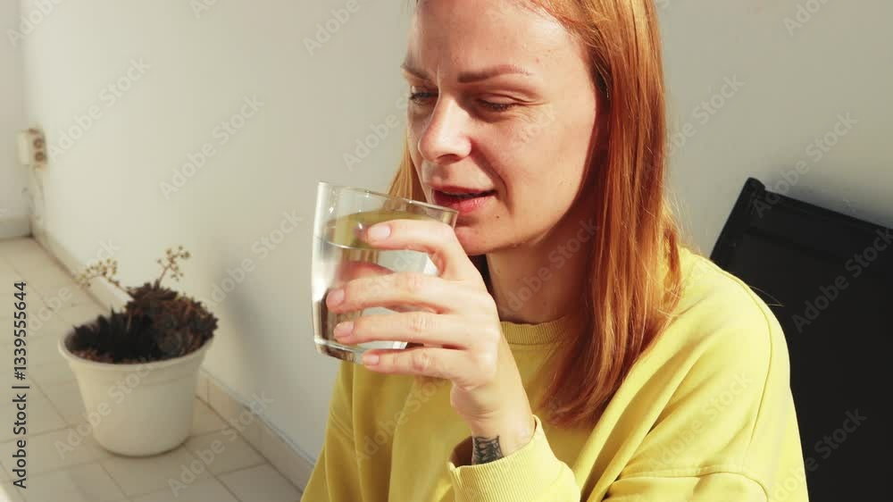 Redhead in yellow sweater drinking water, basking in soft sunlight on balcony, embodying morning serenity and self-care relaxation Redhead in yellow sweater drinking water, basking in soft sunlight on balcony, embodying morning serenity and self-care relaxation