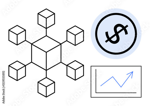 Geometric blockchain structure, dollar icon in circle for digital finance, graph arrow showing progress. Ideal for cryptocurrency, blockchain, finance, growth, investment, innovation technology