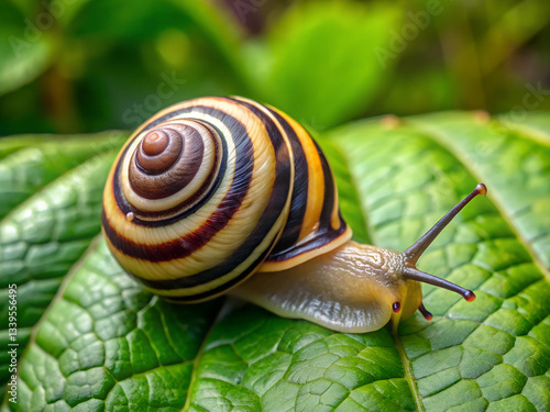 Striped snail on a plant leaf. striped snail crawling on green leaf.