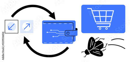 Digital wallet connected through arrows to shopping cart. Includes navigation icons and a fly symbolizing disruption. Ideal for fintech, e-commerce, payment process, digital security, user interface
