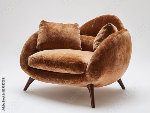 A luxurious brown velvet armchair with two plush matching pillows