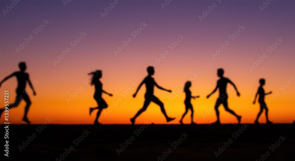 Silhouette of Children Running at Sunset on a Horizon Line Silhouette of Children Running at Sunset on a Horizon Line