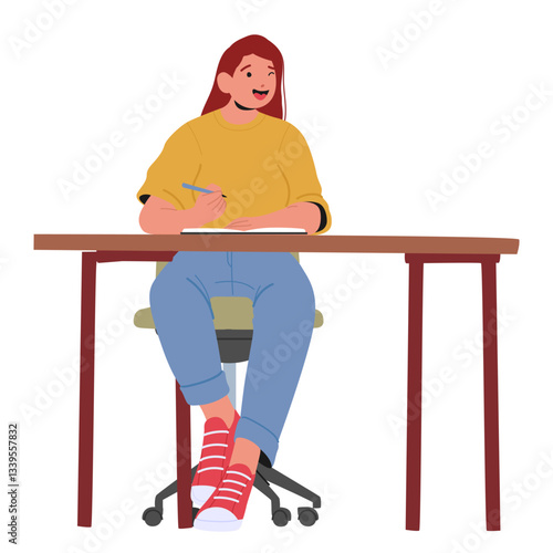 Happy joyful teenage girl student character studying listening teacher with interest writing notes