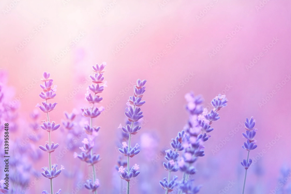 Naklejka premium Lavender flowers in soft focus, pastel background. Great for wellness, nature, relaxation, aromatherapy, and botanical themes. Calming and gentle floral image
