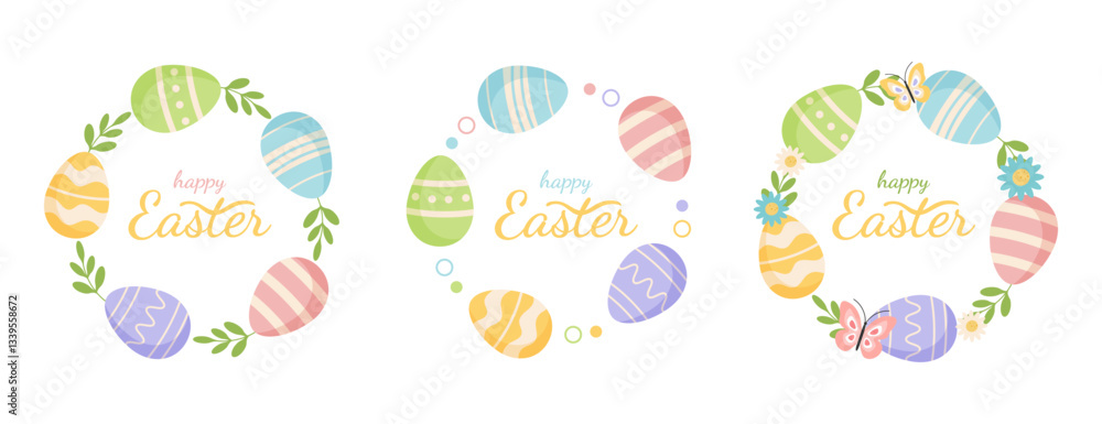 Frame set with colorful Easter eggs. Wreaths with floral and decorative elements. Vector illustration. Frame set with colorful Easter eggs. Wreaths with floral and decorative elements. Vector illustration.