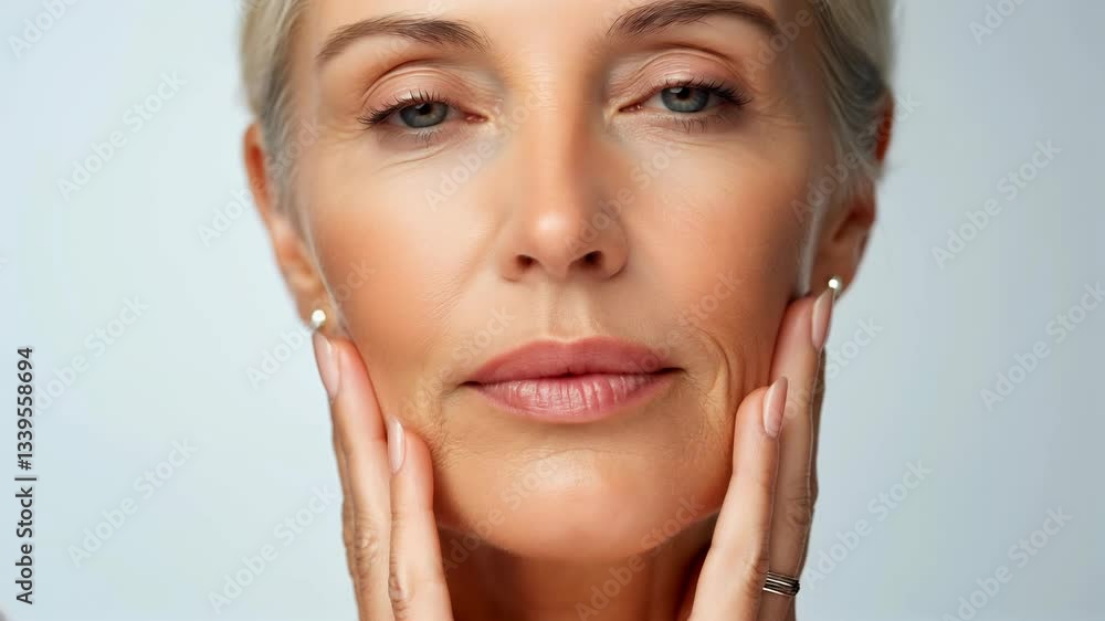 Beautiful gorgeous 50s mid aged mature woman looking at camera isolated on white. Mature old lady close up portrait. Healthy face skin care beauty, middle age skincare cosmetics