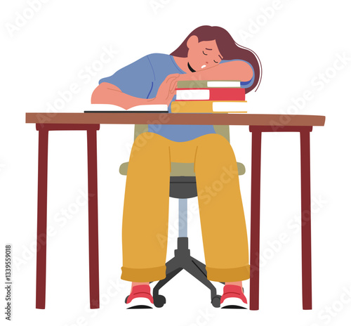 Teenage girl student cartoon character sleeping on stacked textbook while studying at desk table